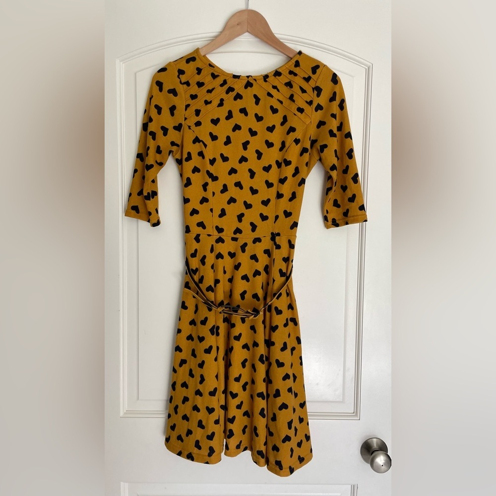 Unique Vintage Mustard and Black Heart Print Dress